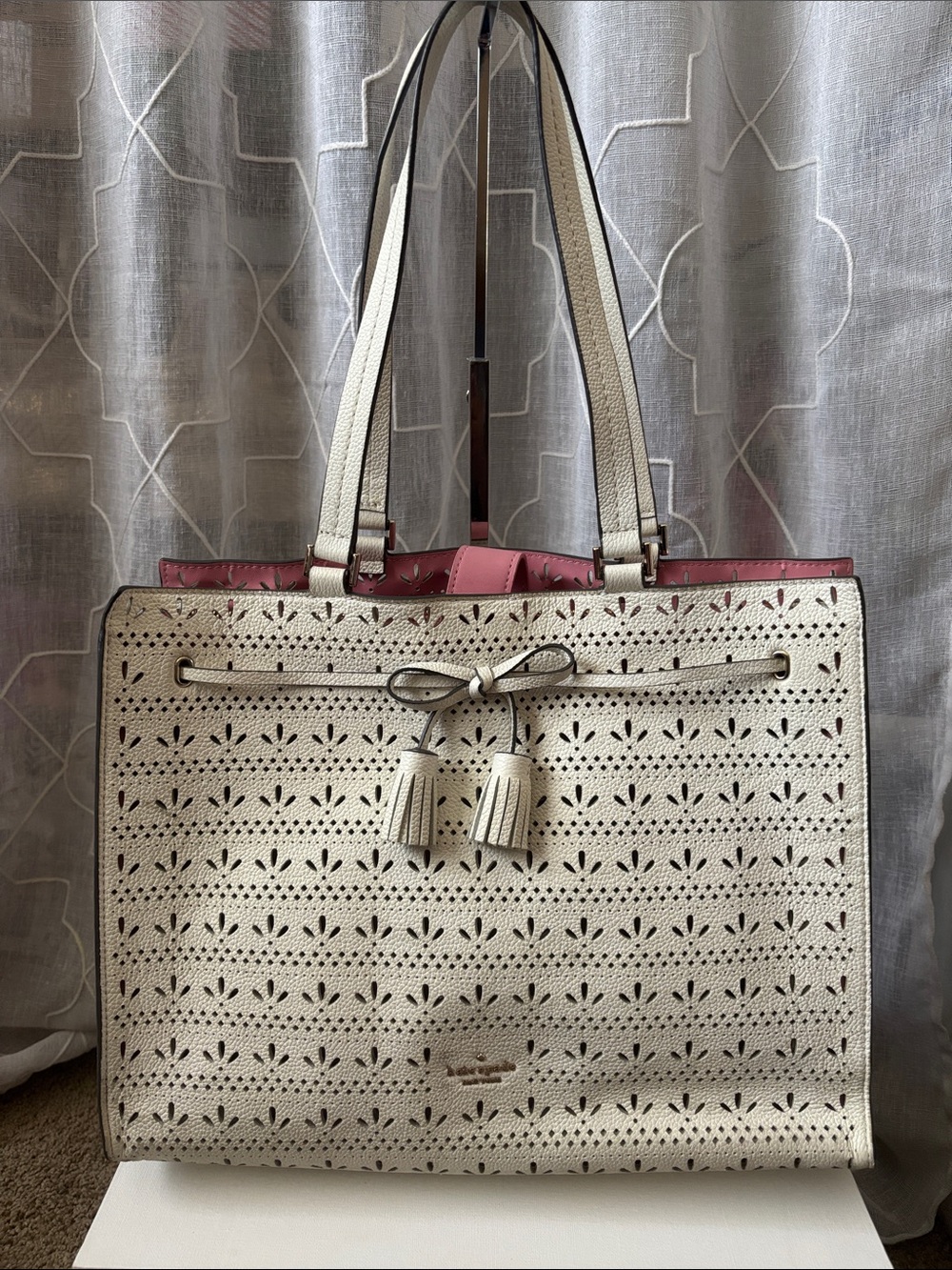 kate spade Ivory Perforated Leather Tote with Pink Interior